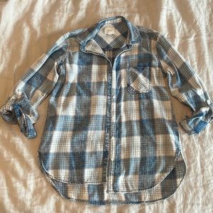 ID:23 Blue White and Red Plaid One Pocket Button Up Top Rolled Tab Plaid Shirt S